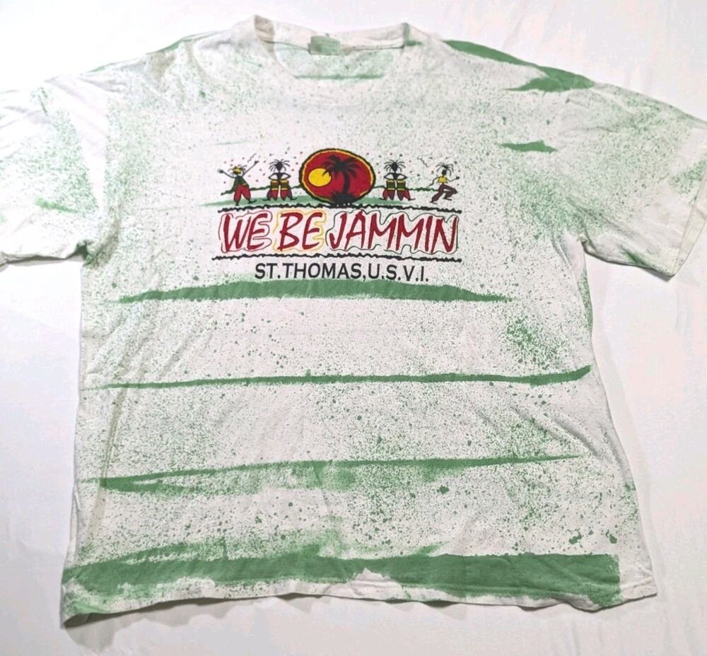 Vintage 90s Men XXL White Green We Be Jammin St Thomas Splatter Tie Dye T-Shirt